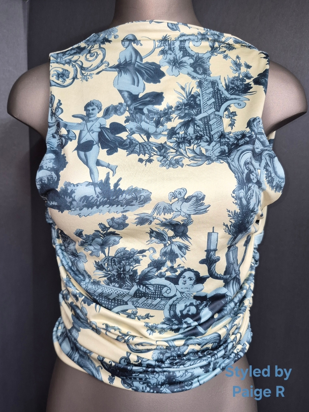 ❤️High Neck Low Back Backless Vest Blouse Tank Renaissance Cream Blue S